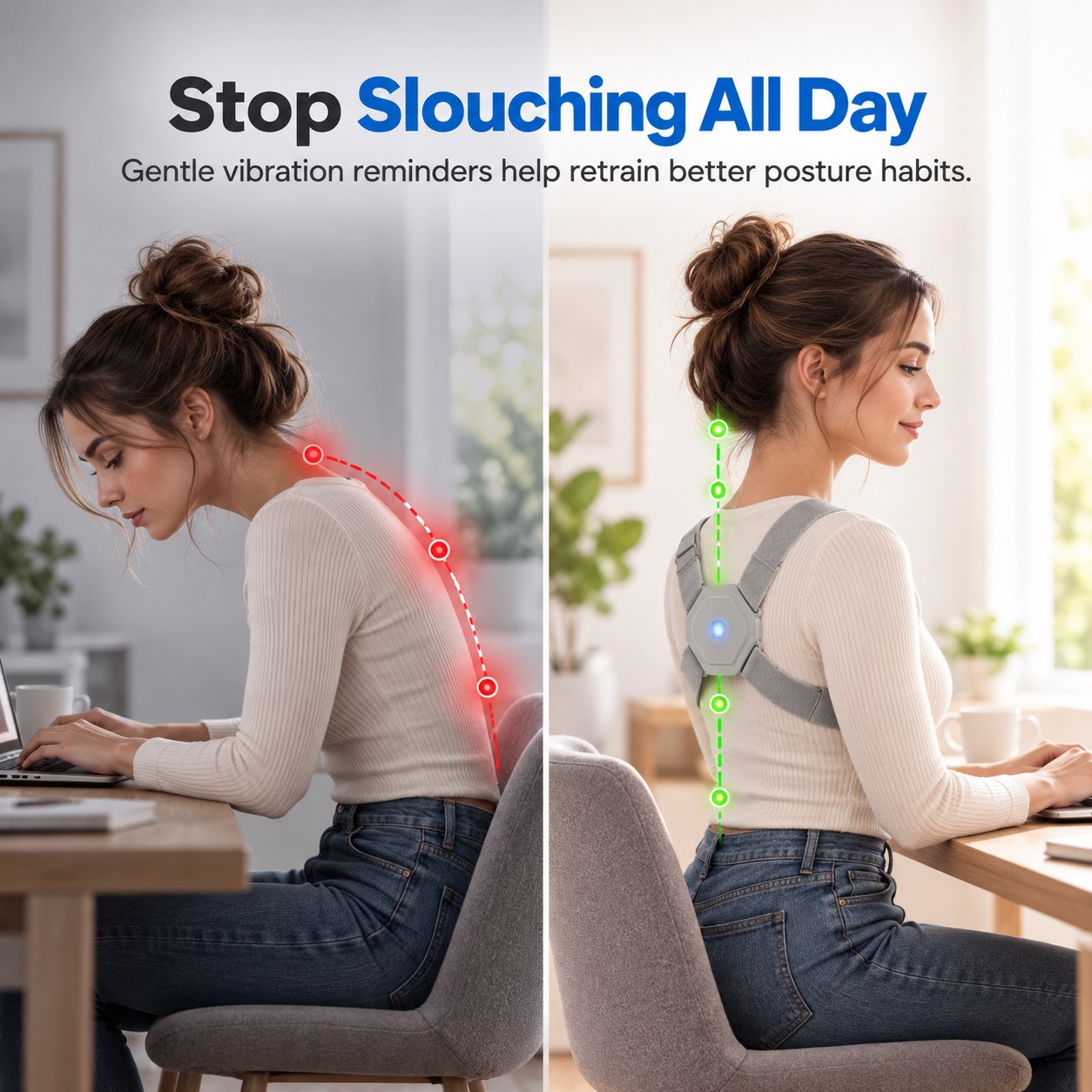 Straivo posture reminder shown during a desk routine, comparing slouching and sitting upright