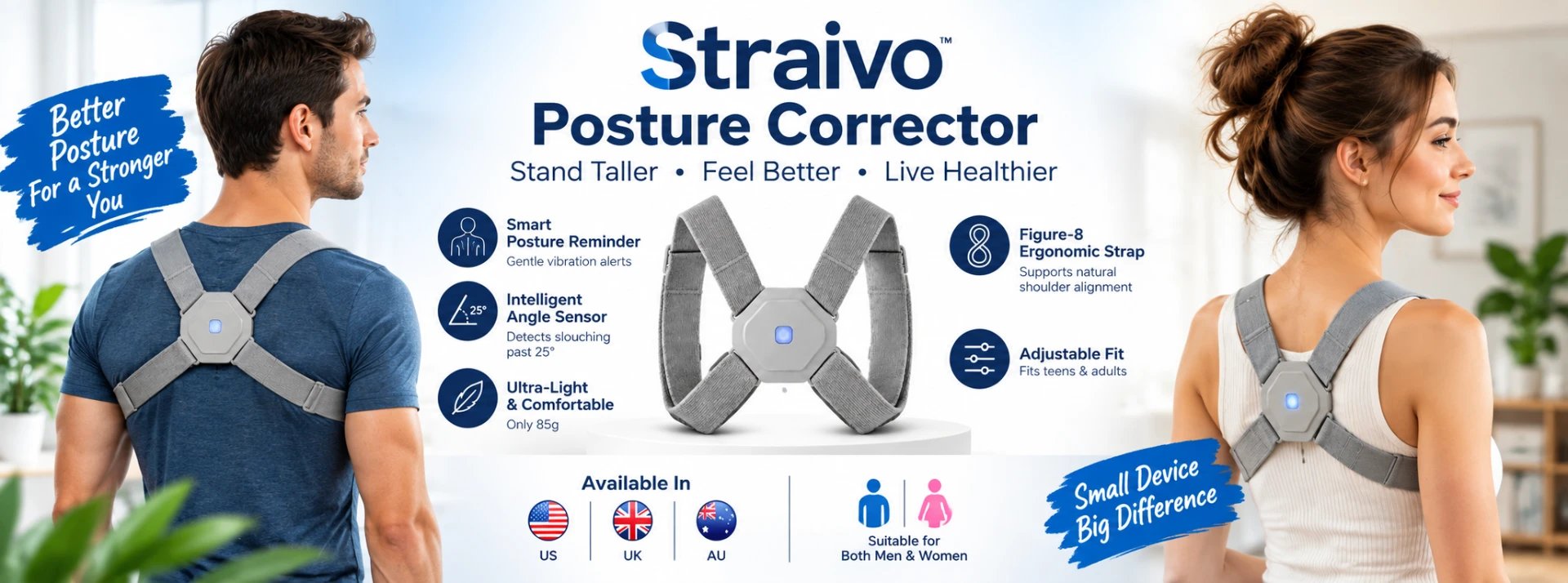 Straivo Posture Corrector worn by a man and a woman, with product features